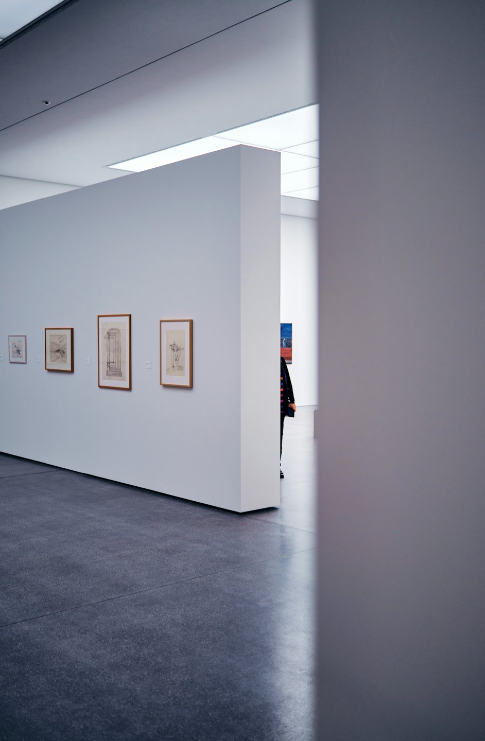 Persona cammina davanti a disegni incorniciati in una galleria d'arte moderna.